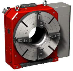 This picture shows the PHV fitted with an independent four jaw chucking feature and with the thru hole exposed.