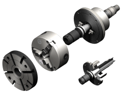 The front of the PV table can be interchanged without the need for any time-consuming and expensive backplates.  This pictures shows a standard faceplate, a 3 jaw self-centering chuck and a small tapered collet chuck.